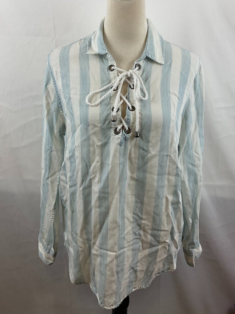 Rails Top S White Blue Stripe Lace-Up Front Long Sleeve